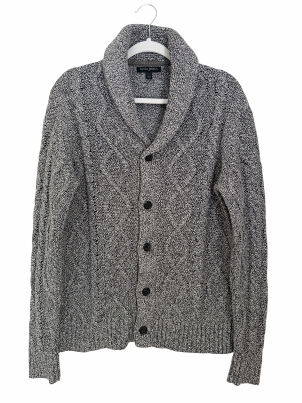 Banana Republic Shawl Collar Cardigan Mens L Gray Cable Knit Wool Blend